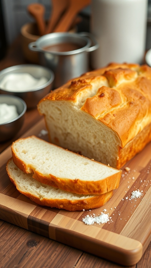 A golden loaf of yogurt and flour bread sliced on a cutting board, with yogurt and flour in the background.